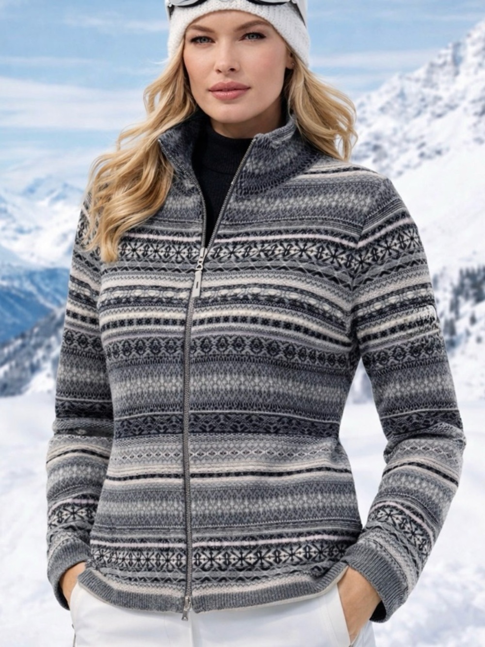 Bogner Fire and Ice‎ Wool Nordic Fair Isle Zip Up Sweater Jacket Medium Large